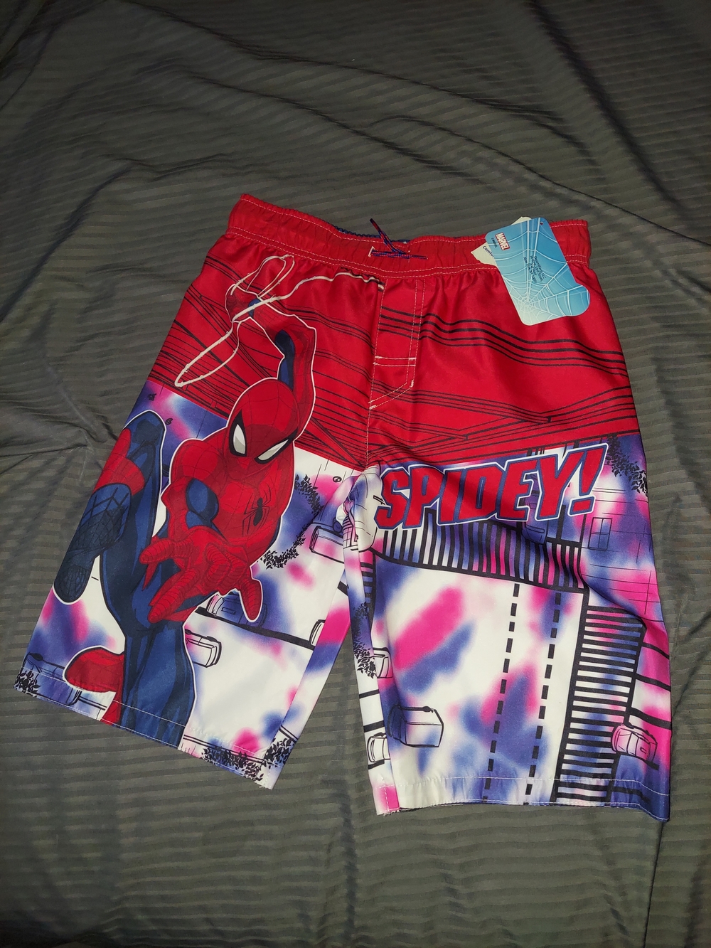 NWT Marvel Spiderman Swim Trunks Boys Large Spidey Shorts Bathing Suit Beach